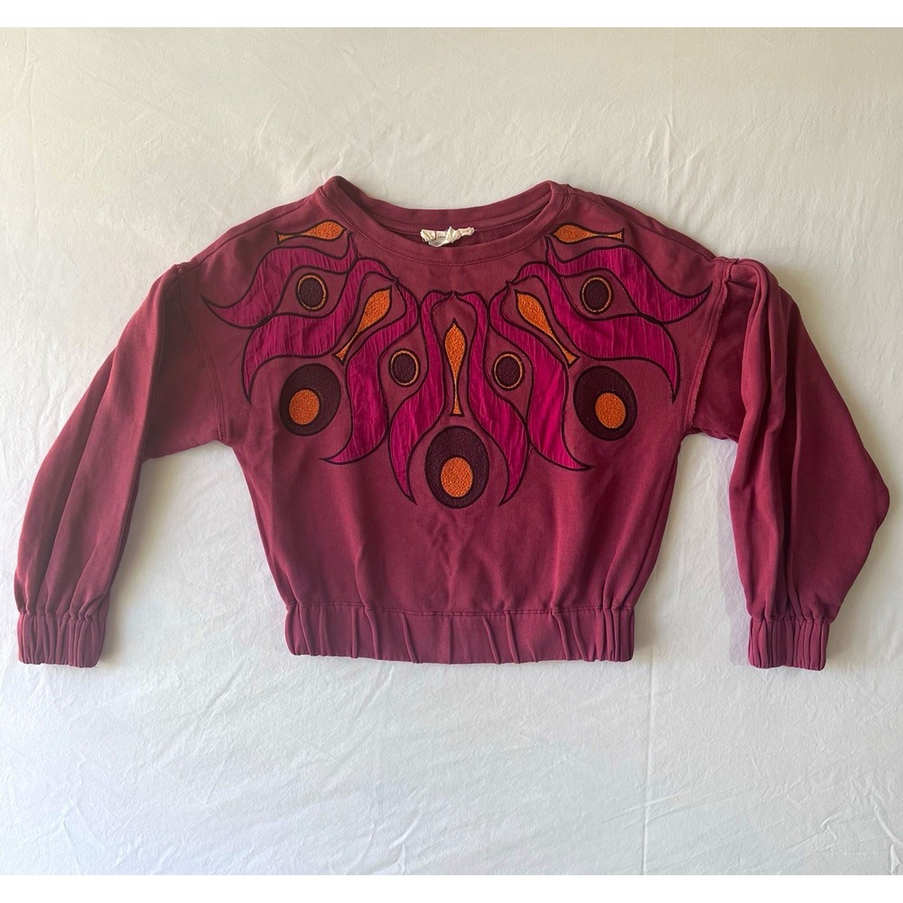 Anthropologie Puff Sleeve Embroidered Cropped Sweatshirt Size XXS Artsy